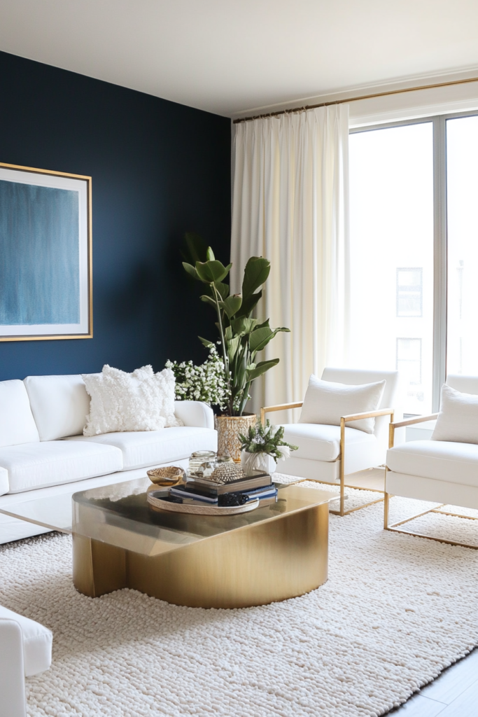 1. Navy Accent Wall with White Furniture