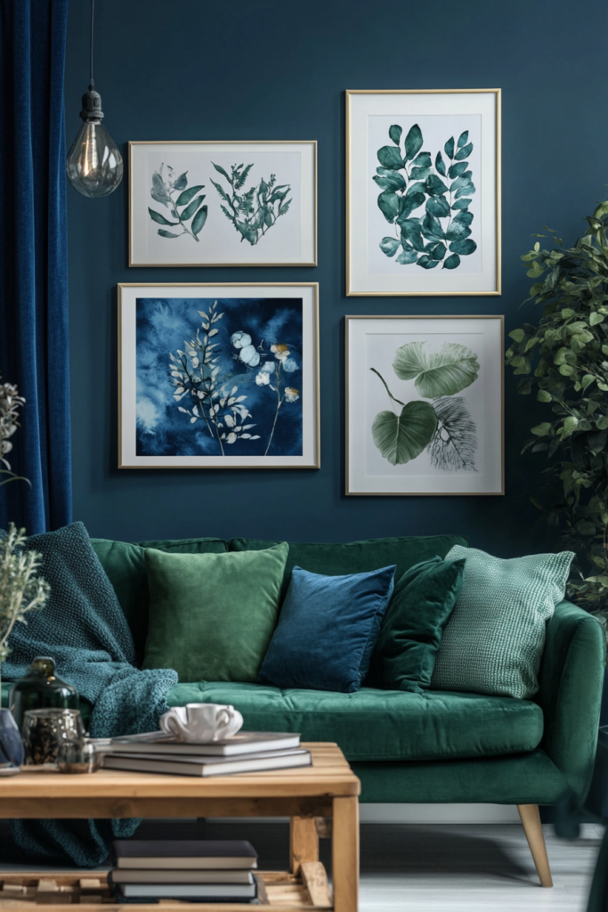 10. Navy and Green Gallery Wall for an Artistic Touch