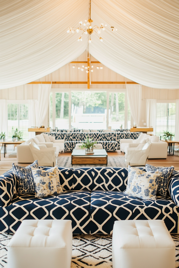 13. Navy and White with Patterned Upholstery