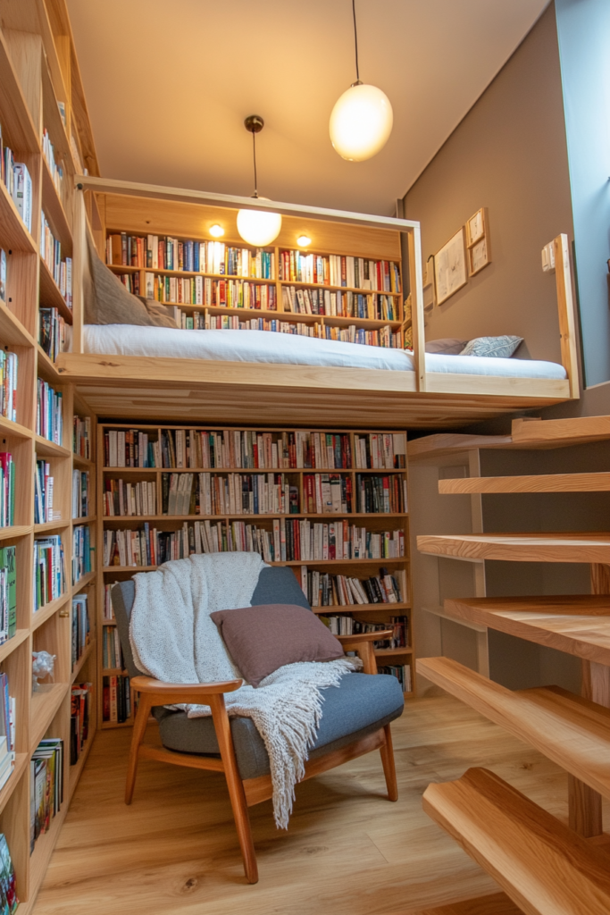 14. Loft Bed with a Mini Library