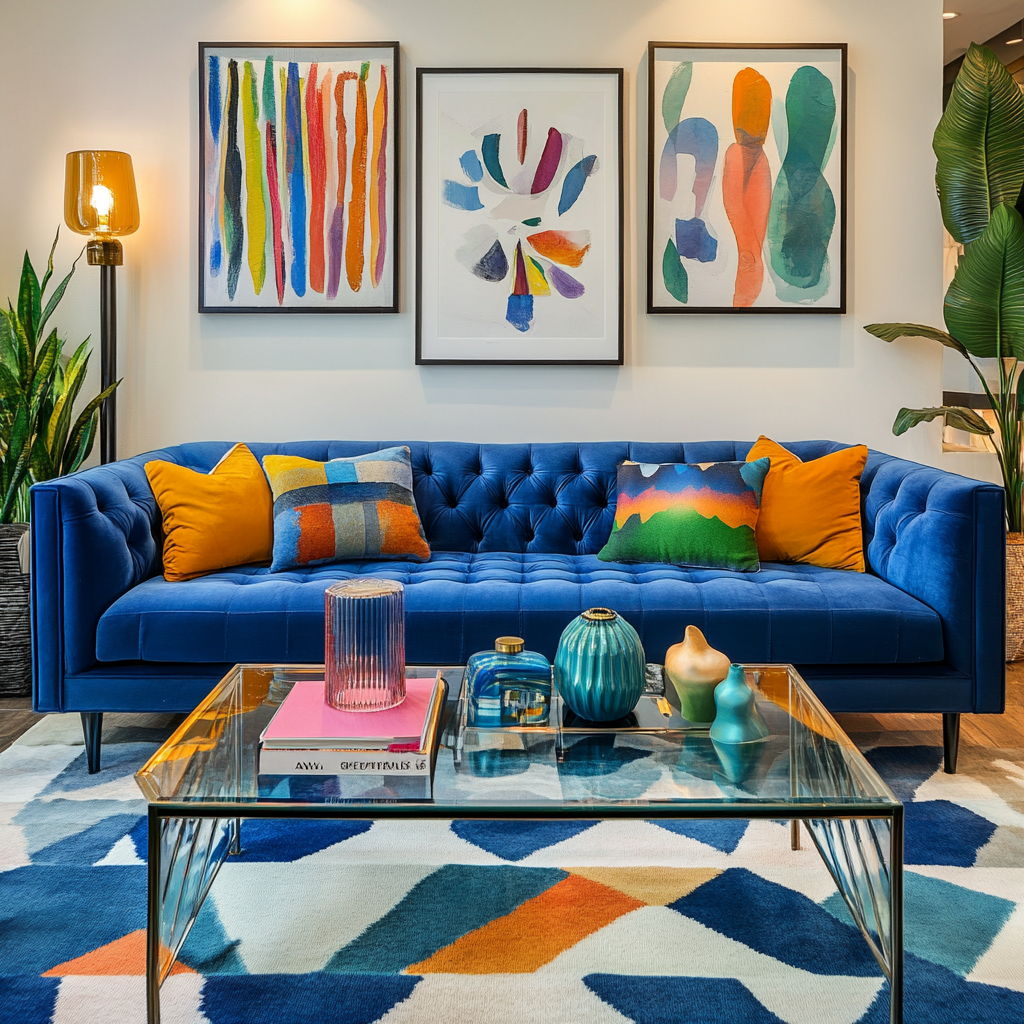16. Art-Inspired Living Room with a Blue Couch