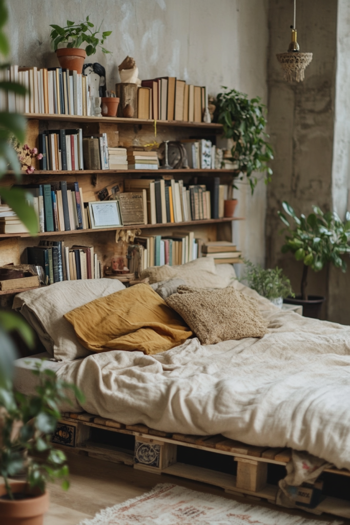 18. Pallet Bed with Bookshelf Headboard