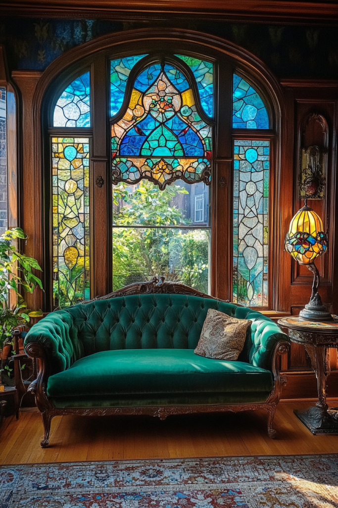 19. Blue and Green Stained Glass for a Vintage Touch