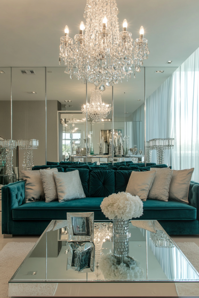 19. Teal and Mirrored Accents for a Luxe Feel