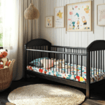 Bright nursery featuring a black crib, playful animal-themed wall art, and soft natural lighting.