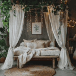 Cozy teen girl bedroom with boho decor, fairy lights, and lush greenery for a relaxing, stylish spac.