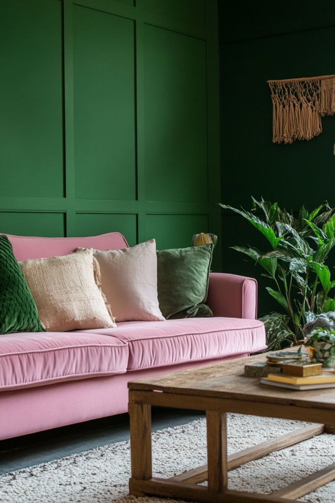 5. Green Walls with Pink Furniture