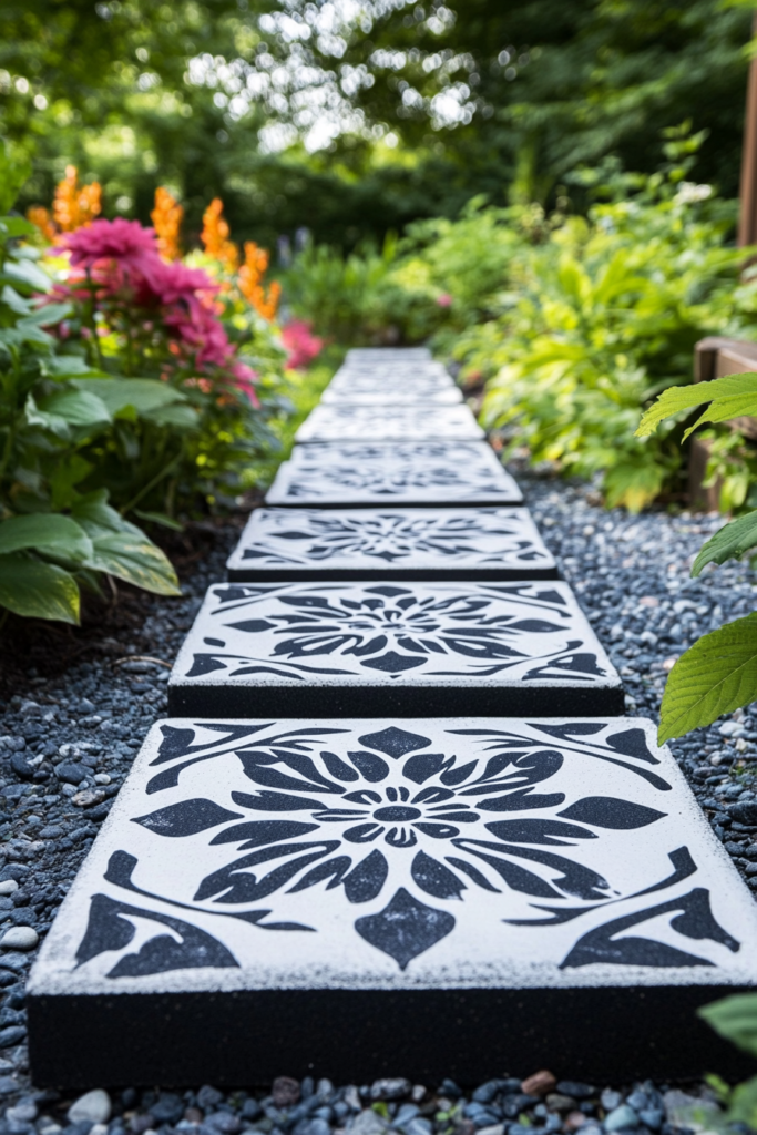 6. Stenciled Stepping Stones for a Decorative Touch