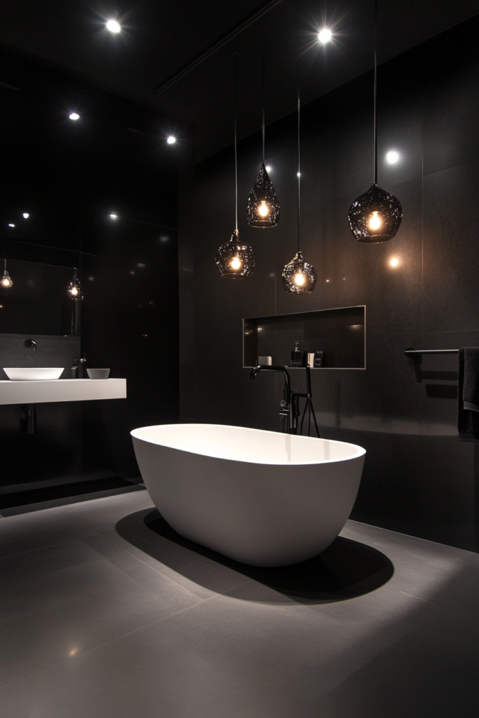 1. Bold Black Walls with White Fixtures