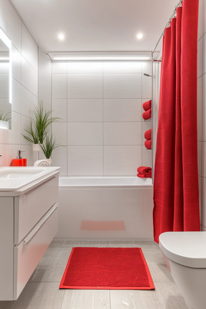 1. Bold Red Accents for a Simple Bathroom