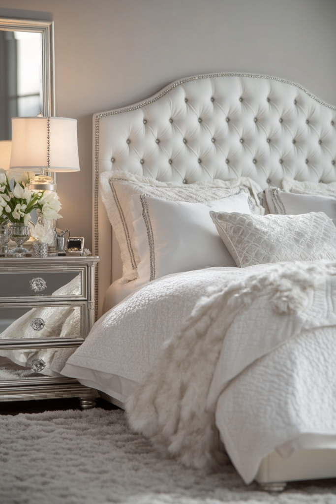 10. White Upholstered Headboard with Silver Details