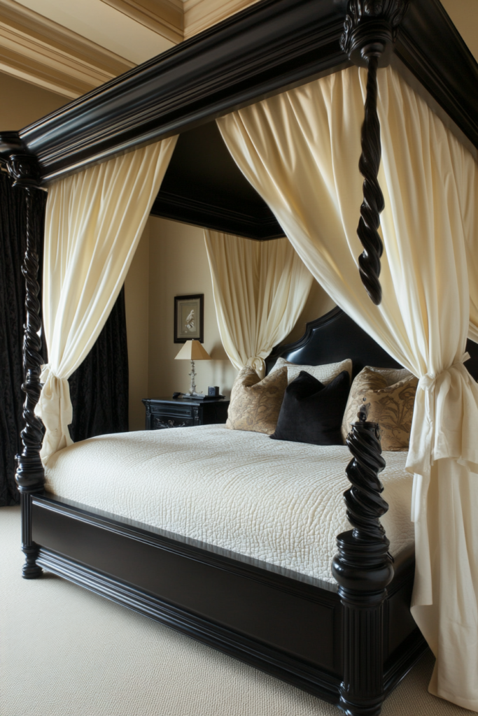 14. Black Canopy Beds with Cream Drapes