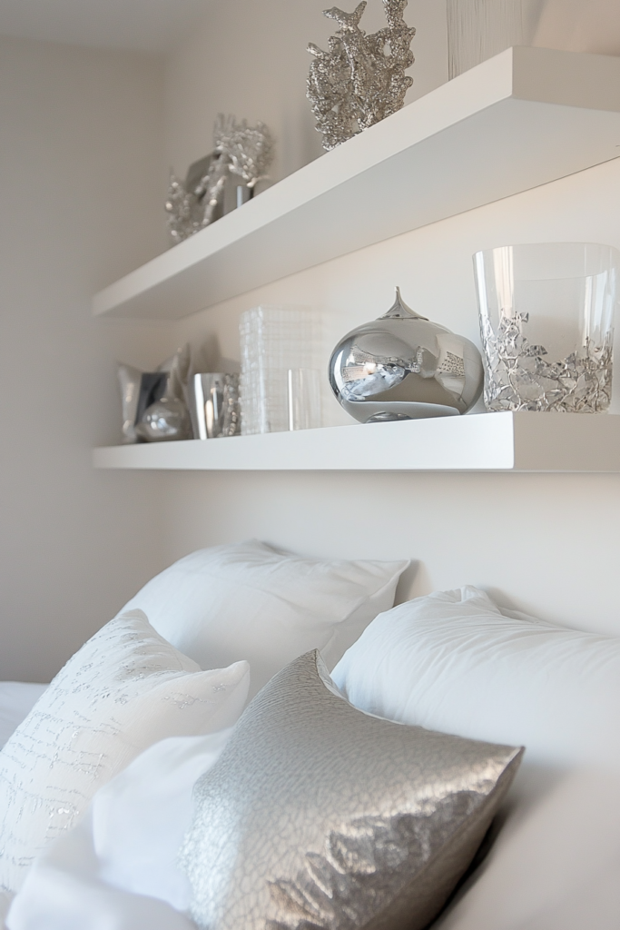 15. Floating White Shelves with Silver Decor