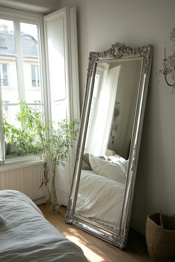 20. A Silver-Framed Leaning Mirror for Added Depth