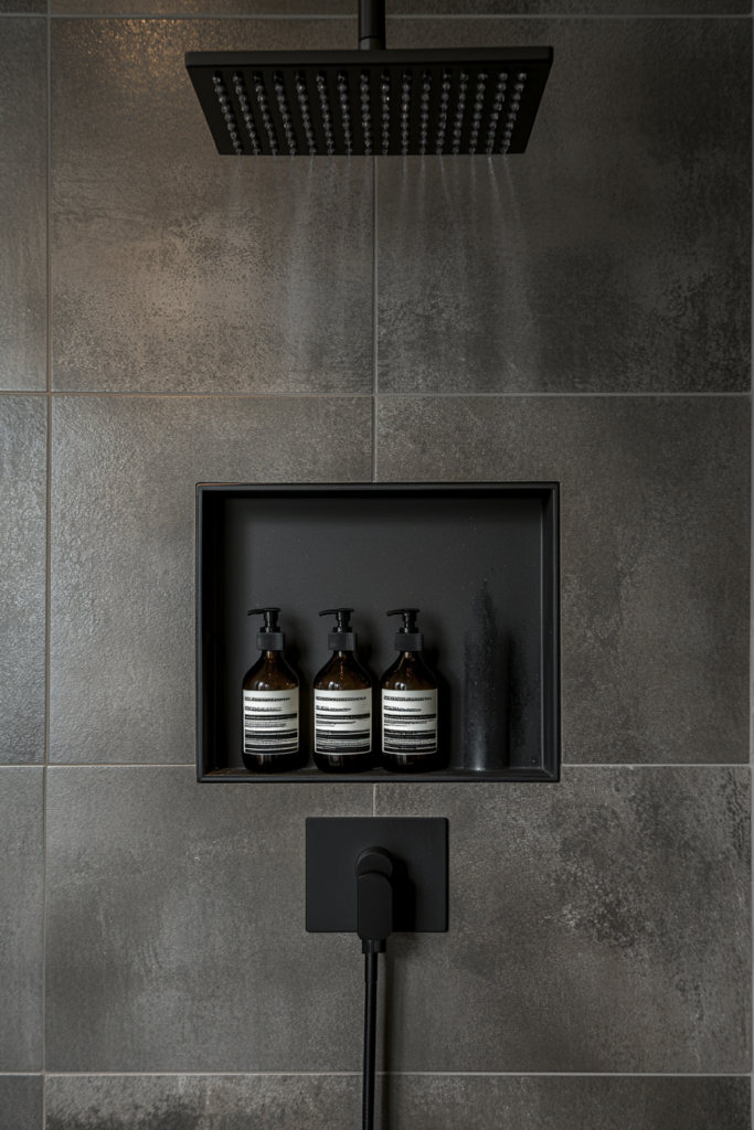 20. Black Tiled Shower Niche