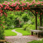 Beautiful garden fence adorned with pink roses and lush greenery.