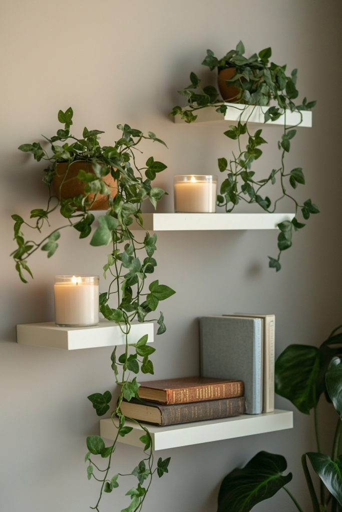 3. Floating Shelves with Green Accents