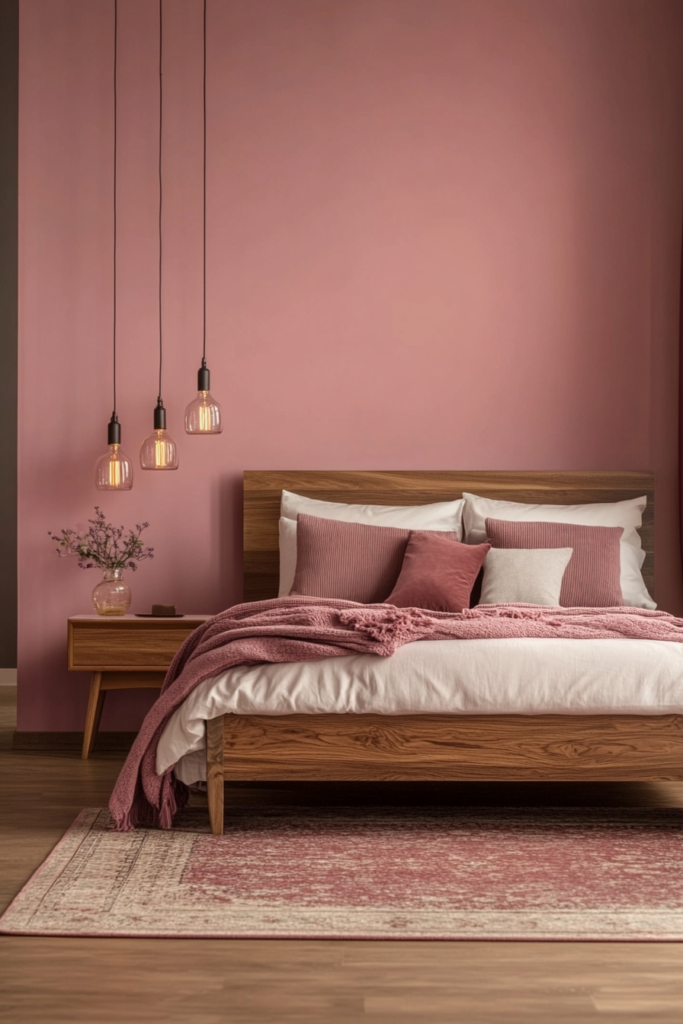4. Pink Accent Wall with Brown Furnishings
