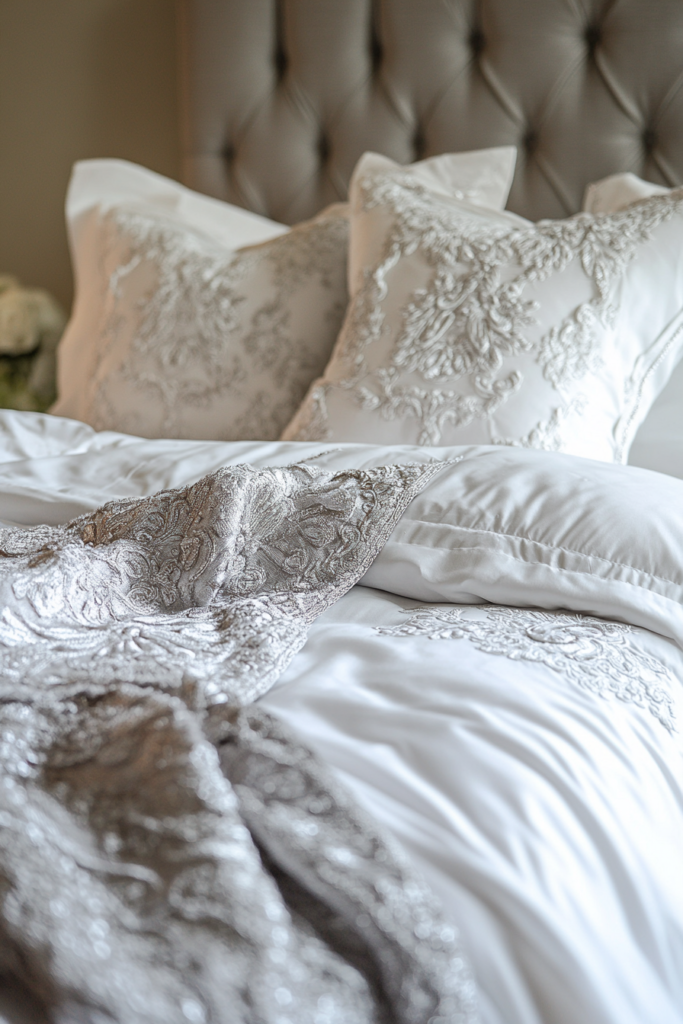 5. Layered White Bedding with Silver Trim
