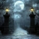 Spooky Gothic Halloween yard decorations with eerie lanterns and full moon backdrop. Perfect for a h.