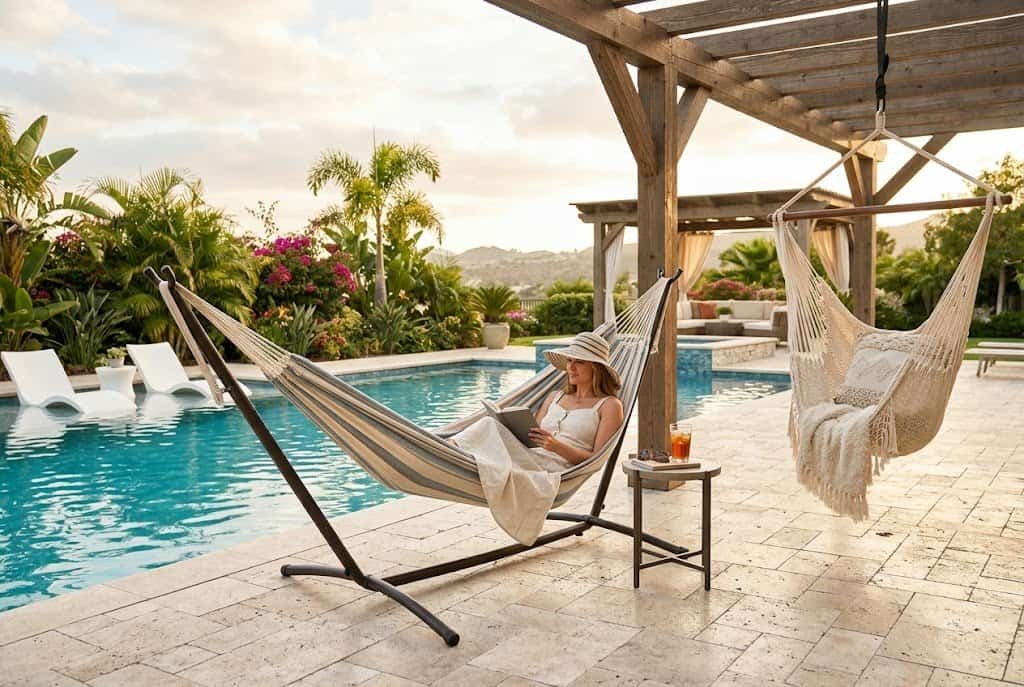 hanging hammock chair near pool deck for relaxing vacation feel