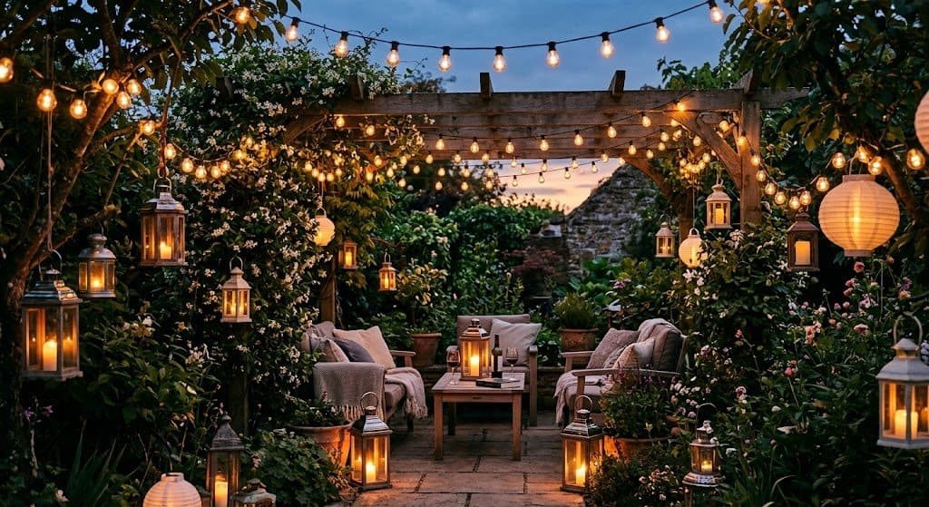 Use hanging lights and lanterns for a relaxing vibe