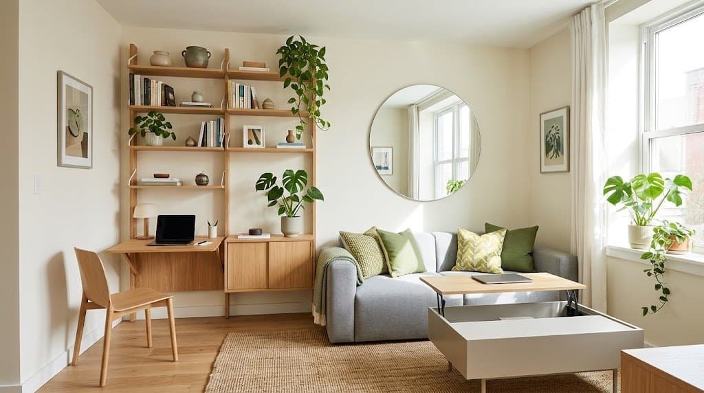 Bright and cozy small apartment living room with minimalist furniture and green plants.