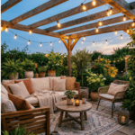 Outdoor patio decor with string lights and comfortable seating for summer evenings.