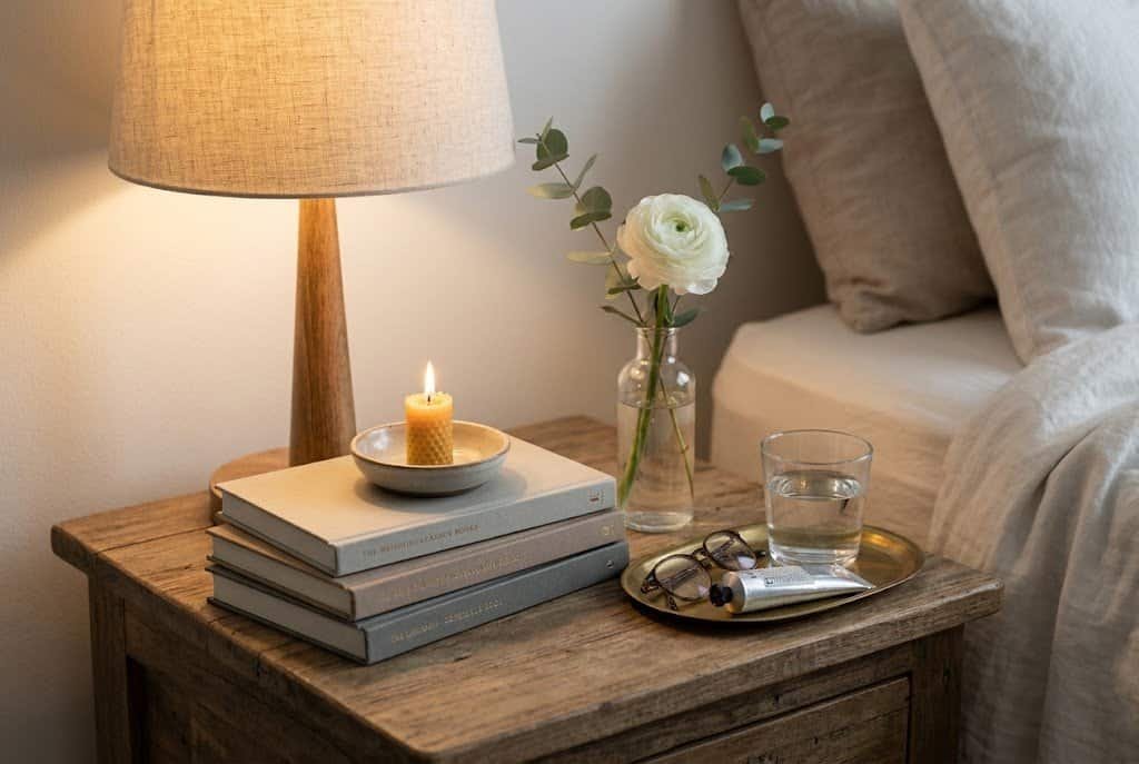 Minimal bedside table styled with lamp, books, and small decor creating a peaceful summer nightstand setup