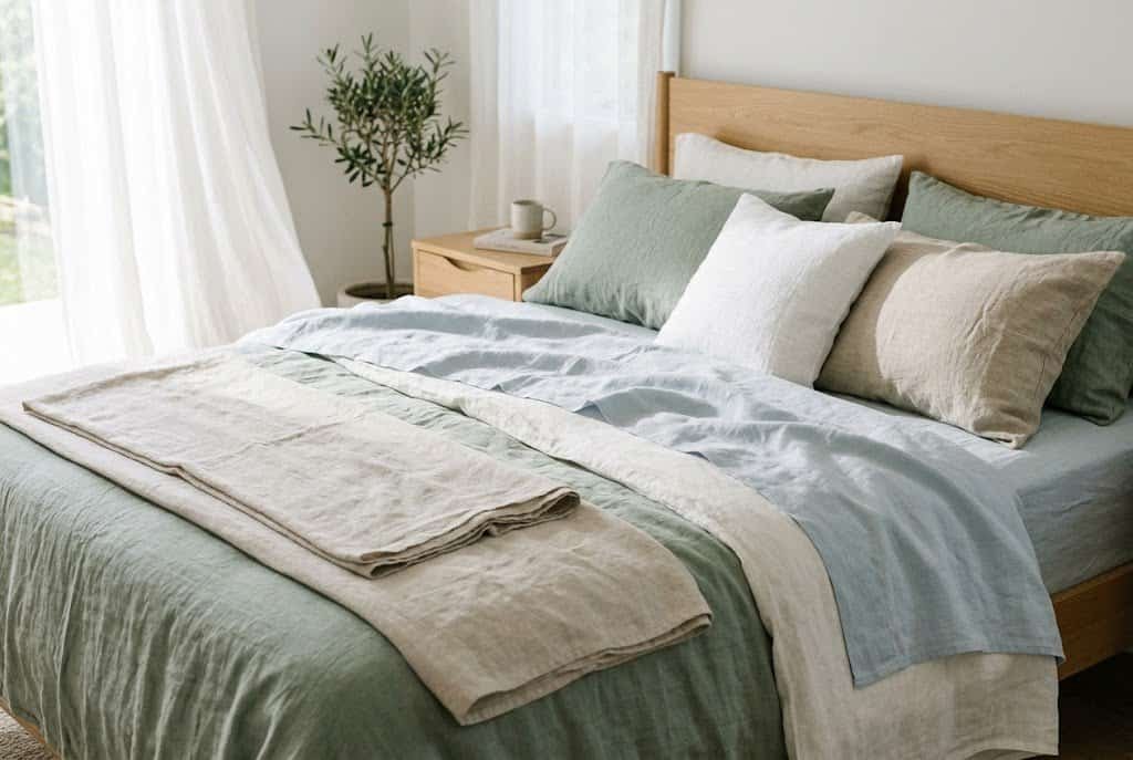 Light linen bedding in soft neutral colors on a summer bedroom bed creating a cool and airy sleep environment