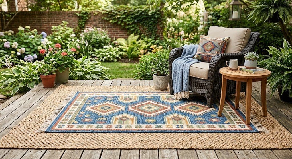 Mix and layer rugs to enhance outdoor decor