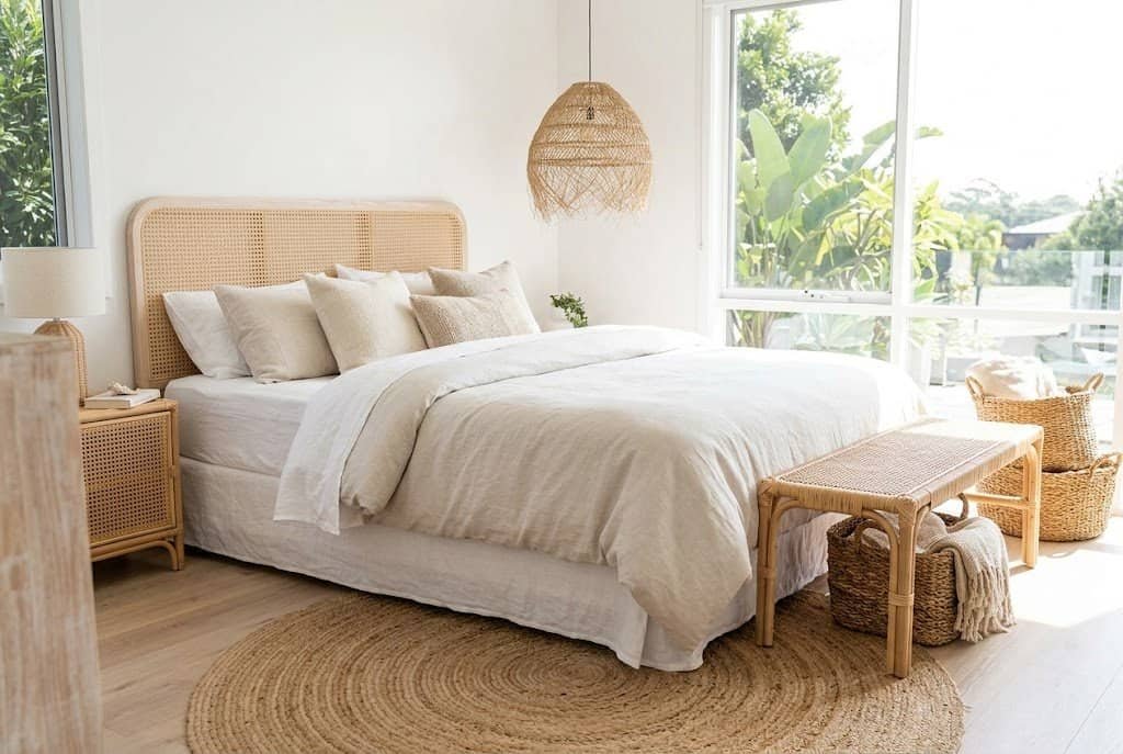 Bedroom decorated with rattan furniture, jute rug, and natural textures for a summer boho style
