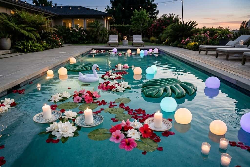 floating flowers and LED orbs in pool water for decorative pool design