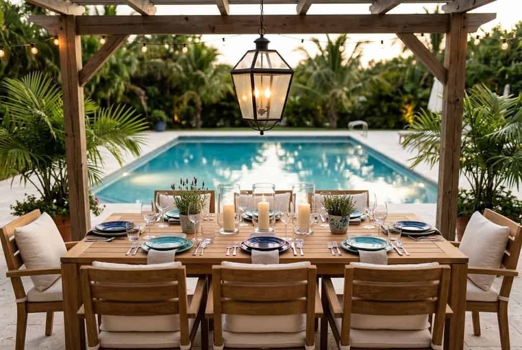 outdoor dining table and chairs on pool deck for summer meals
