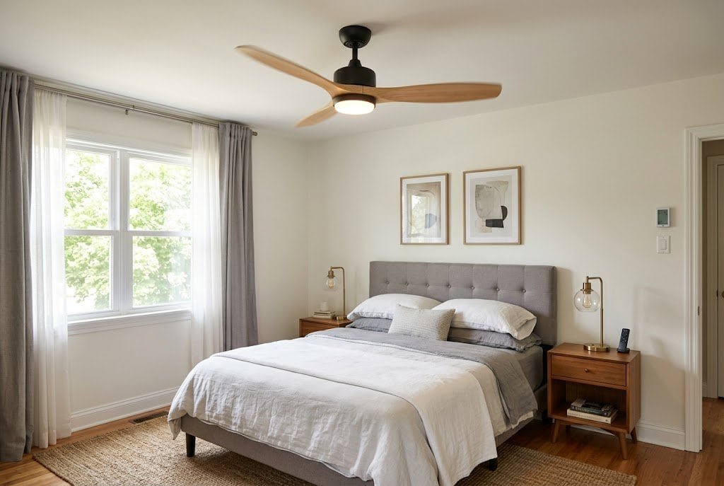 Modern stylish ceiling fan installed in a bright bedroom for airflow and summer cooling comfort