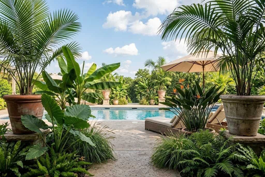 tropical plants and palm trees around pool deck for resort vacation feel