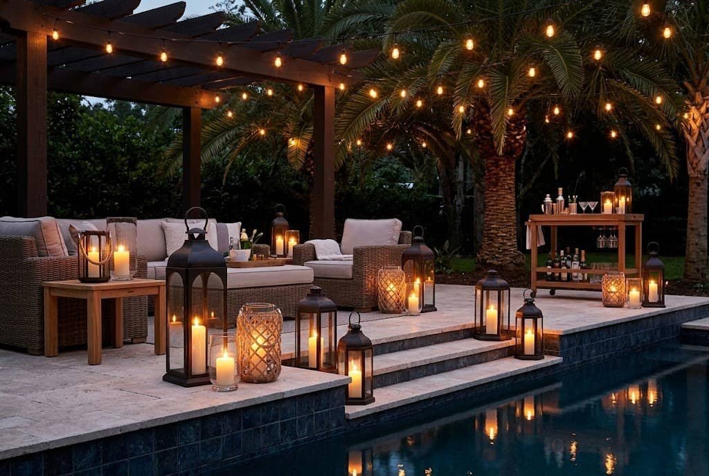 decorative lanterns on pool deck for warm evening atmosphere