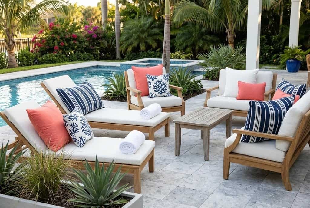colorful outdoor throw pillows on pool deck furniture for resort look