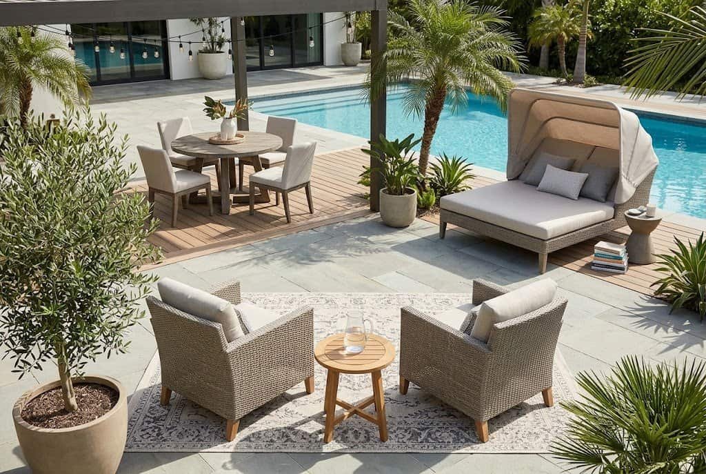 outdoor furniture groupings on pool deck with dining and lounging zones