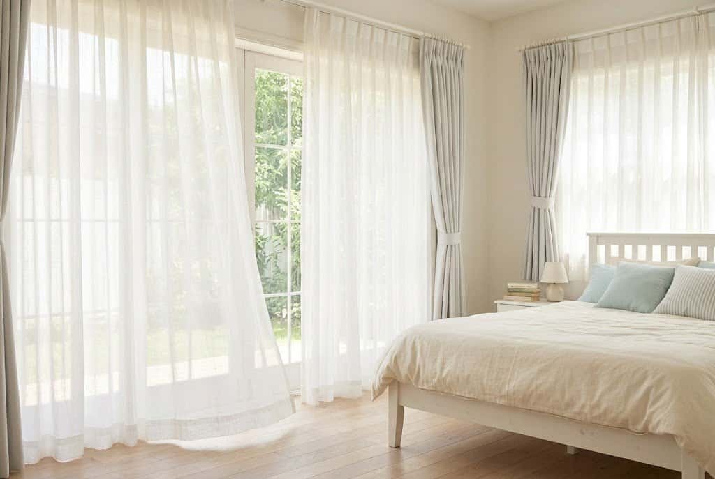 Sheer white curtains gently flowing with sunlight creating a soft glowing summer bedroom look