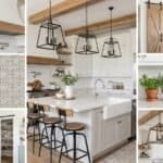 Beautiful modern farmhouse kitchen with white cabinets, wooden accents, and stylish lighting fixture.