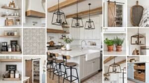 Beautiful modern farmhouse kitchen with white cabinets, wooden accents, and stylish lighting fixture.