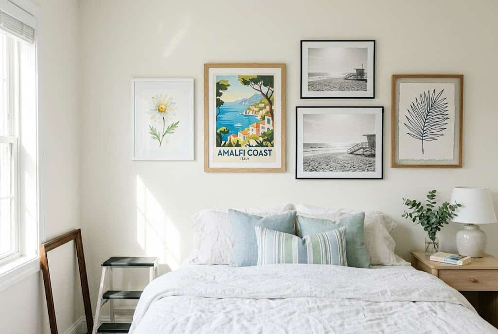 Bedroom wall decorated with summer-inspired artwork in soft blues and natural tones