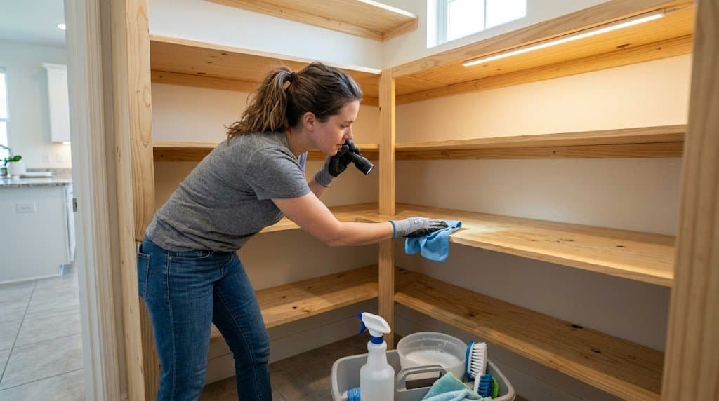 clean pantry shelves and inspect storage space before organizing