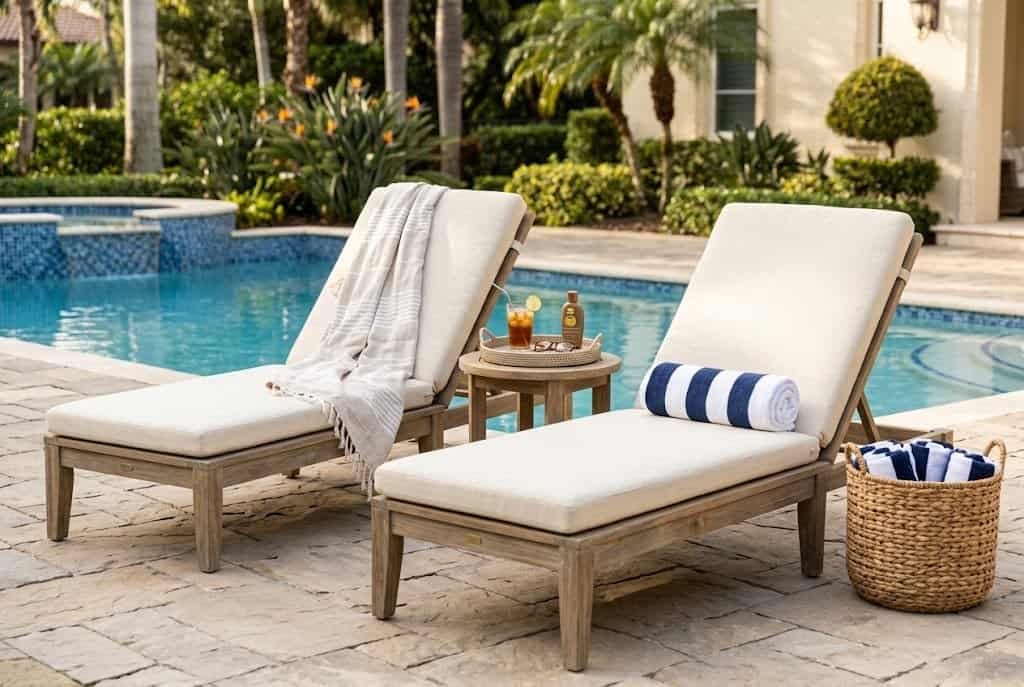 resort style pool deck lounging zone with chaise lounge chairs and cushions