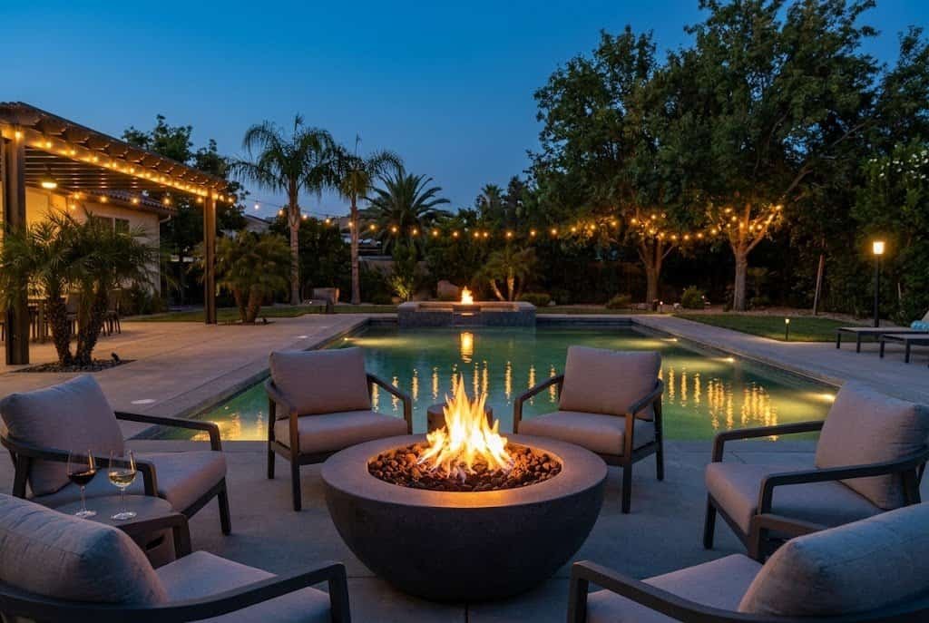 propane fire bowl on pool deck reflecting in pool water at night