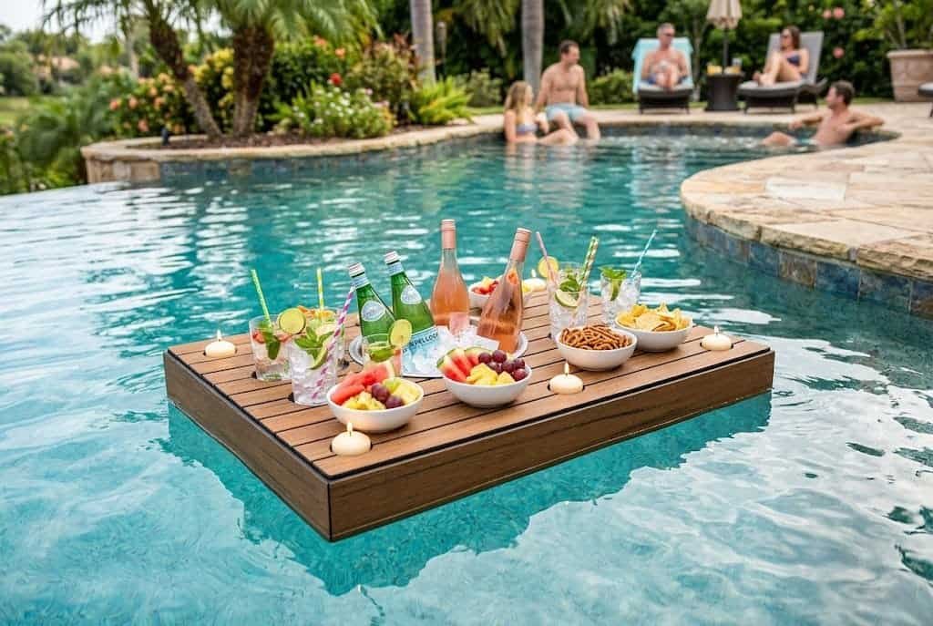 floating drink station on pool with cold drinks and snacks