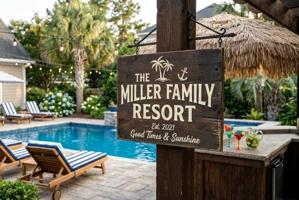 custom wooden pool sign personalizing backyard resort pool deck