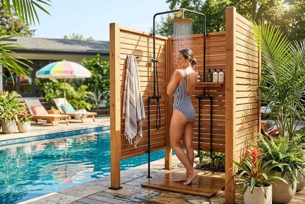 outdoor shower near pool deck surrounded by tropical plants and wood enclosure