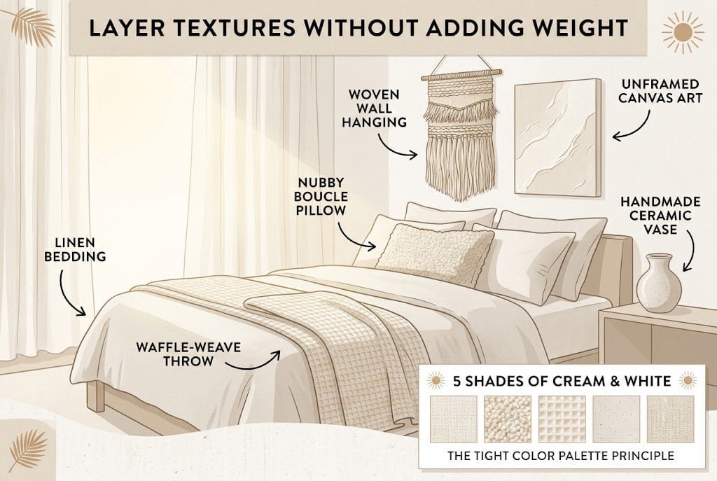 Minimal summer bedroom with layered linen, cotton, and woven textures in soft neutral tones